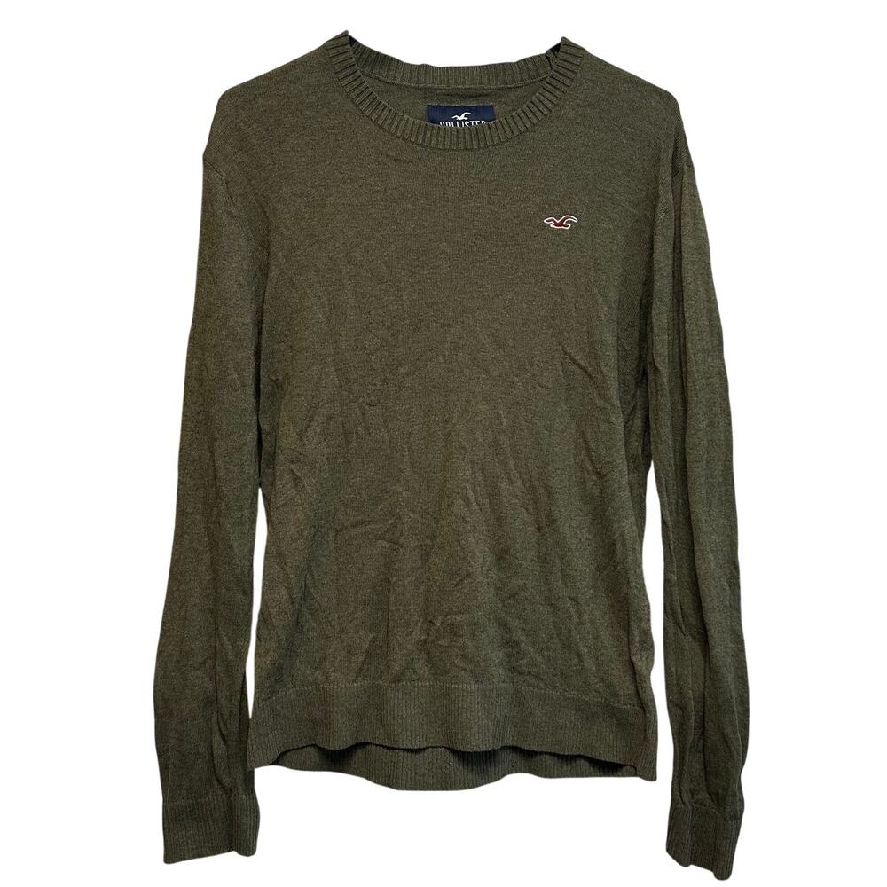 Hollister Men's Crew Neck Sweater Pullover Logo Olive Green Classic Y2K Casual M